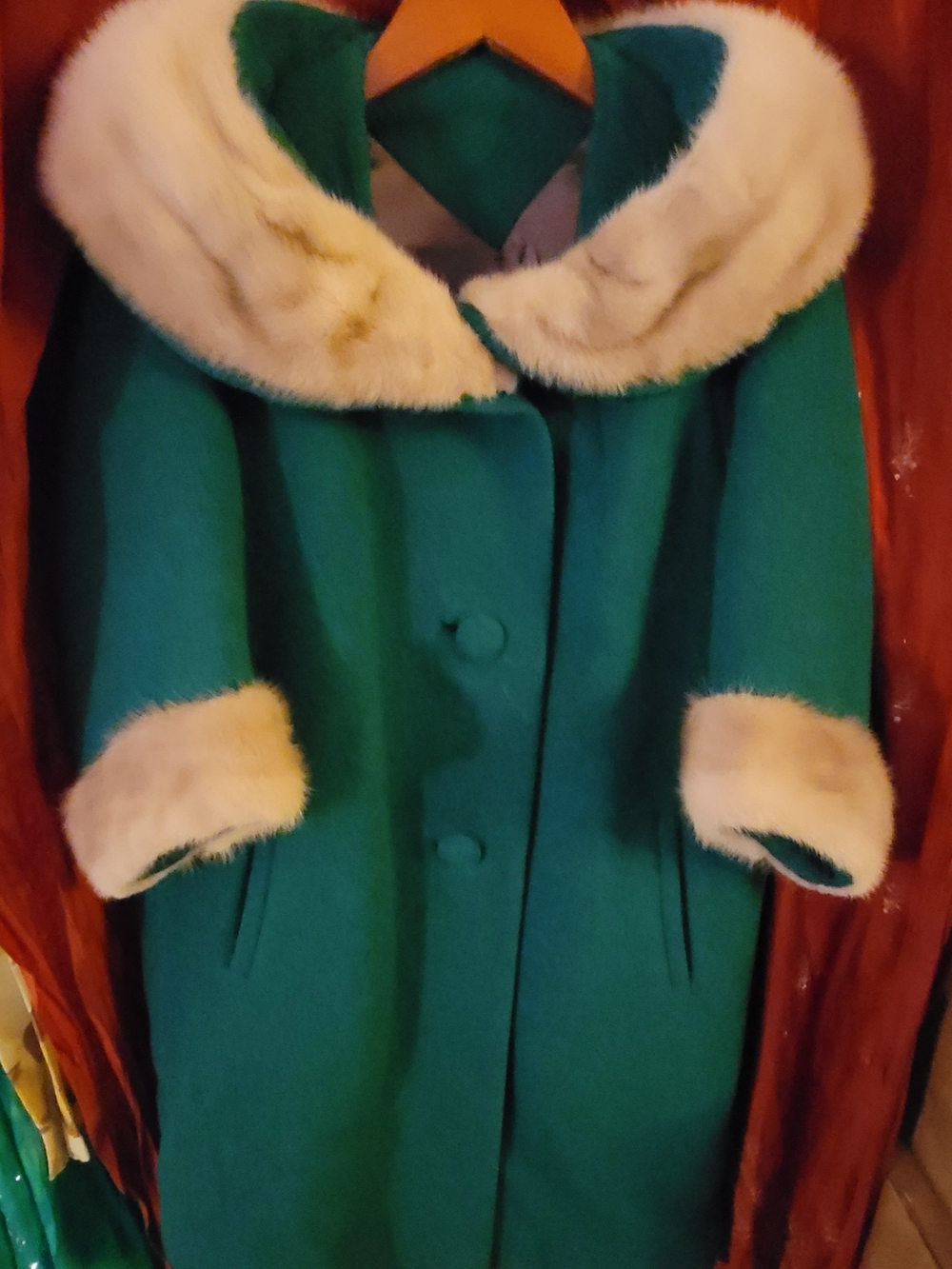 Vintage Wool Teal Swing Coat with Faux Fur Trim